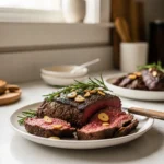 Juicy rosemary garlic roast beef plated in a cozy home kitchen