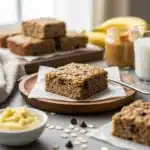Healthy banana oatmeal bars with chocolate chips on a rustic wooden plate.