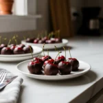 Juicy chocolate dipped cherries plated beautifully in a cozy home kitchen