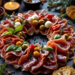 Festive Christmas antipasto wreath with cured meats and olives