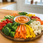 Easy and festive Christmas veggie platter with red pepper hummus