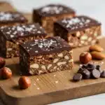 Dark chocolate sea salt nut bars on a rustic wooden cutting board.