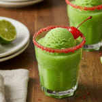 Festive Grinch Drink recipe with lime sherbet and red sugar rim.