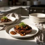 Rib eye steak with peppercorn sauce served on rustic white dinnerware.