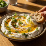 Creamy ricotta dip swirled with hot honey and herbs