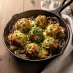 Cheesy French onion meatballs in a skillet with gravy and melted Gruyère.