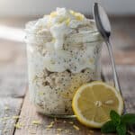 Creamy Greek yogurt lemon poppy seed oats in a glass jar.