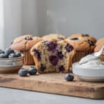 Healthy Greek yogurt blueberry protein muffins with fresh fruit garnish.