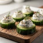 Refreshing cucumber cream cheese bites with dill and everything bagel seasoning.