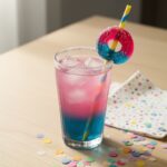 Colorful Ring Pop mocktail recipe with candy garnish for kids party.