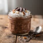 Creamy chocolate overnight oats with coconut, almonds, and dark chocolate.