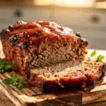 Classic family recipe BBQ glazed meatloaf slice with mashed potatoes and green beans
