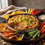 Creamy football dip recipe with meat tomatoes and melted cheese served with dippers
