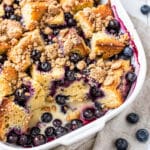 Blueberry French Toast Casserole slice with streusel and maple syrup.