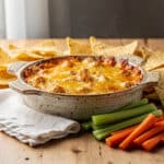 Golden bubbly buffalo chicken dip with chips and fresh vegetables for dipping.