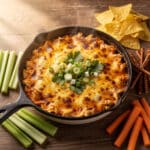 Hot and bubbly buffalo chicken dip with melted cheese and fresh celery garnish.