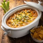 Creamy buffalo chicken dip served hot from a slow cooker with chips.
