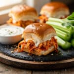 Golden brown buffalo chicken sliders with melted cheese and ranch dressing.