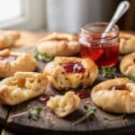 Golden cheesy thumbprint appetizers with vibrant hot pepper jelly filling.
