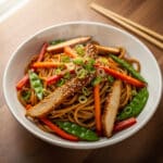 Easy chicken lo mein recipe with noodles, chicken, and vegetables in a bowl.