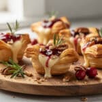 Golden puff pastry bites filled with melted brie and cranberry sauce appetizer.