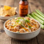 Creamy slow cooker buffalo chicken dip in a rustic stoneware bowl.