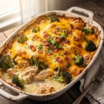 Creamy low carb chicken casserole with melted cheese and broccoli.