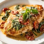 Creamy Tuscan chicken recipe with sun dried tomatoes and spinach in skillet