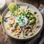 Creamy white chicken chili with shredded chicken beans corn and toppings