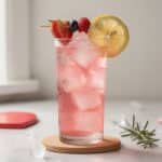 Vibrant pink Cupid's lemonade mocktail with berries and ice in glass.