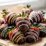 Easter chocolate covered strawberries with pastel drizzle on wood board.