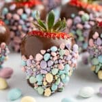 Easter chocolate covered strawberries with colorful candy egg crunch