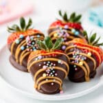 Easter chocolate covered strawberries with peanut butter swirl and sprinkles