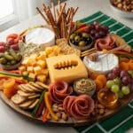 Football themed cheese board with cheddar, brie, salami, olives, and grapes.