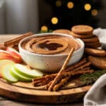 Gingerbread cheesecake dip in a bowl with apple slices and cookies for dipping