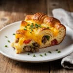 Golden brown croissant breakfast casserole with sausage cheese and peppers