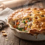 Freshly baked leftover turkey pot pie with golden flaky crust and creamy filling.