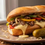 Savory ground beef Philly cheesesteak with melted cheese and colorful peppers.