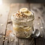 Healthy banana bread overnight oats recipe in a rustic glass jar.