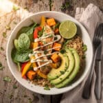 Healthy chicken and sweet potato rice bowl with fresh vegetables and yogurt sauce.
