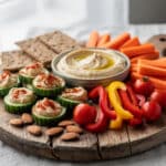 Healthy snack platter with hummus, vegetables, and crackers for nutritious eating.