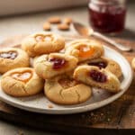 Homemade heart jam thumbprint cookies with crumbly texture and vibrant filling.