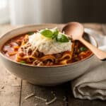 Hearty high protein lasagna soup with beef pasta and creamy cheese topping
