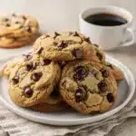 Irish cream chocolate chip cookies with glossy chips on a rustic wooden board.