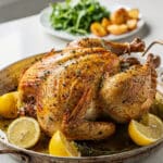 Juicy lemon herb roast chicken with crispy skin and fresh thyme garnish.