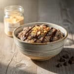 Low carb chocolate peanut butter oats in a rustic ceramic breakfast bowl.