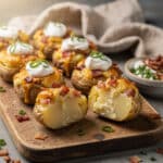 Mini baked potatoes with crispy skins and creamy cheese bacon filling.