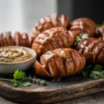 Mustard glazed hasselback kielbasa bites on a rustic wooden board.