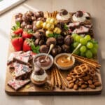 Festive New Years treat board with chocolate truffles and gold coins.
