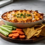 Golden bubbly oven Buffalo chicken dip with chips and fresh vegetables.